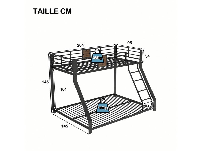  Lit superposé familial en métal noir 90x200 et 140x200 cm, échelle réversible et silencieux  - Conforama C