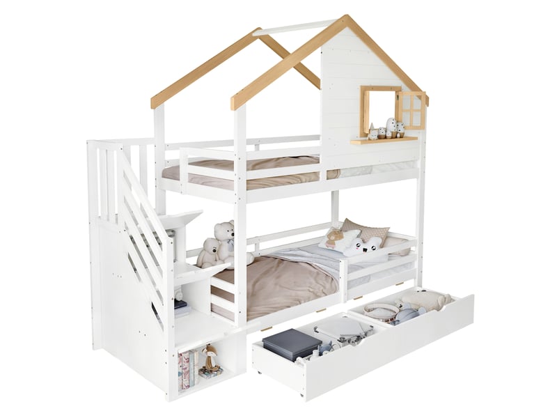  Lit superposé enfant 90 x 200 cm avec escalier de rangement blanc et naturel  - Conforama A