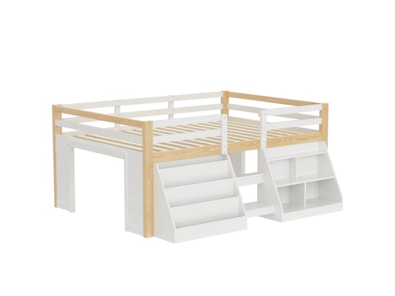  Lit mezzanine bas 140 × 200 cm, bois et mdf, led par application, rangements, échelle, sans matelas, blanc et naturel  - Conforama A