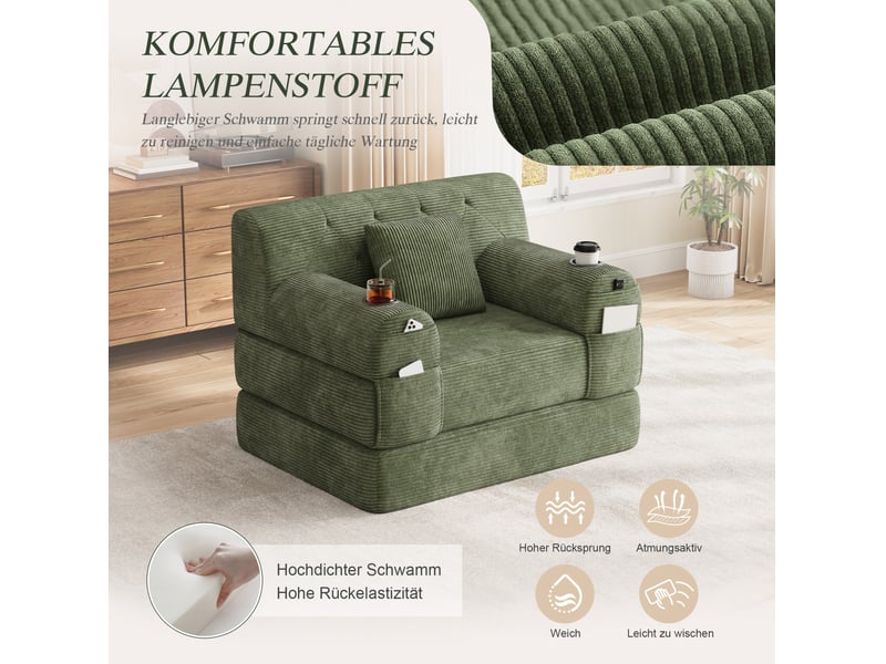  Canapé-lit tcqpz 1 place convertible 107 x 80 x 81 cm dossier haut velours côtelé vert  - Conforama E