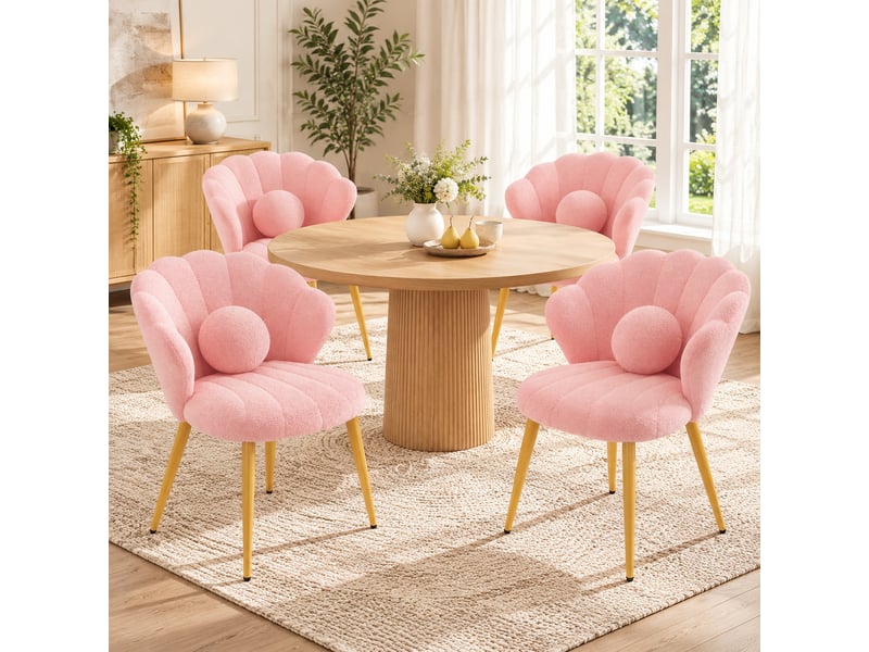  Lot de 4 chaises de salle à manger dossier coquillage en tissu teddy rose, pieds dorés  - Conforama C