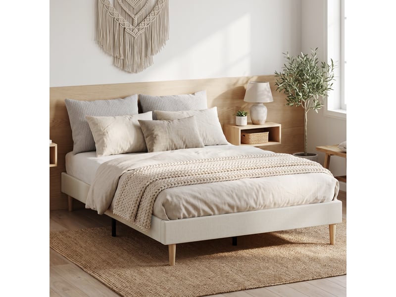  Cadre de lit 160 x 200 cm rembourré en velours côtelé crème avec sommier et rangement dessous  - Conforama D