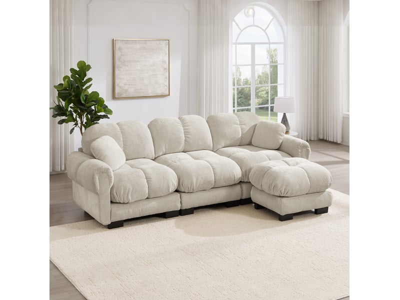  Canapé d'angle 3 places modenvie en l style nuage avec ottomane mobile, tissu chenille, 260 x 149 x 90 cm, kaki clair  - Conforama E