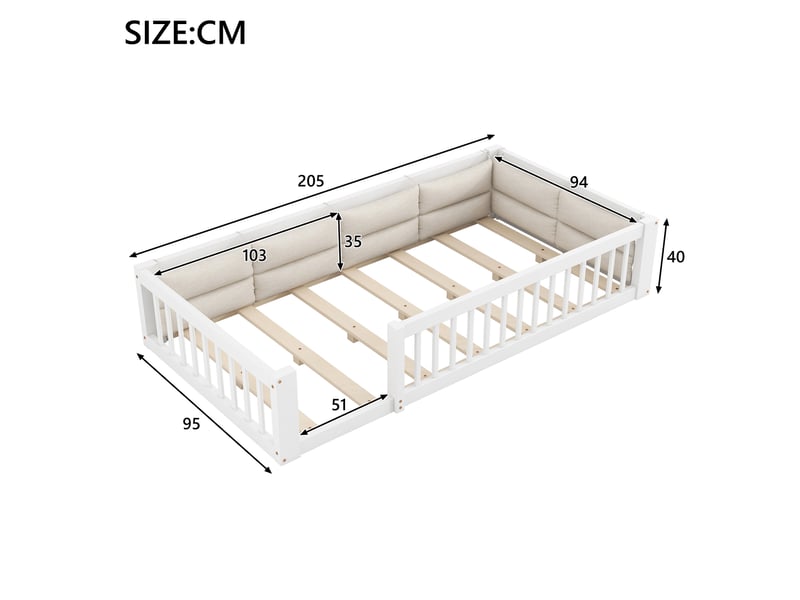  Lit enfant 90x200 cm avec barrière de sécurité et coussin, en bois, blanc  - Conforama C