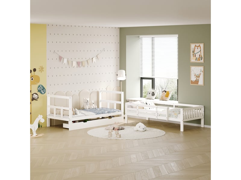 Lit superposé 90 x 200 cm séparable en 2 lits simples - 2 tiroirs de rangement sur roulettes - échelle latérale fixe - 2 sommiers à lattes inclus - modèle modulable 2 en 1 - cadre de lit enfant pour chambre d'enfant ou d'ado mod… - Conforama D