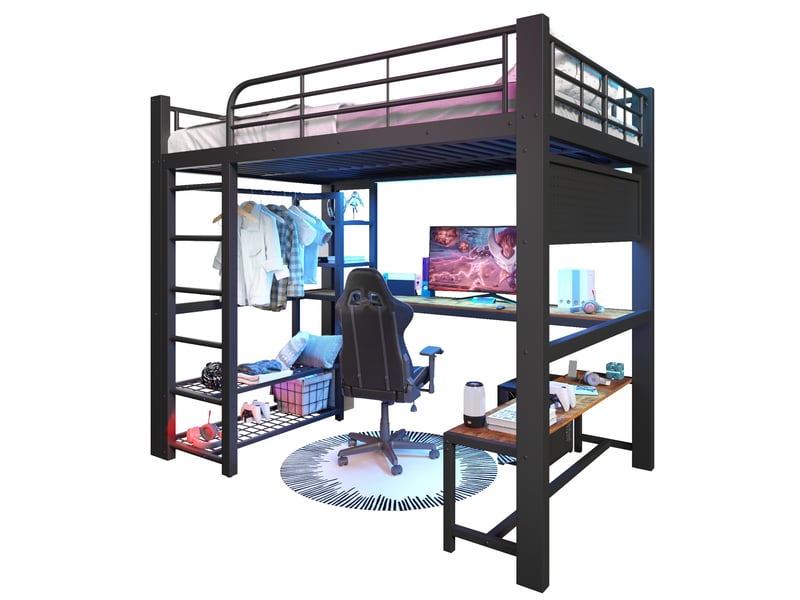 Lit mezzanine 140x200 cm en métal noir avec bureau, led et rangements - Conforama A