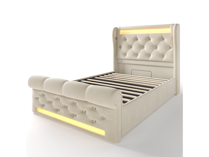 Lit simple 90x200 cm beige velours, coffre hydraulique, tête de lit avec led et usb-c - Conforama E