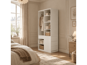 Armoire de rangement 70 x 50 x 170 cm – blanche – penderie, étagères ouvertes et 4 tiroirs pratiques