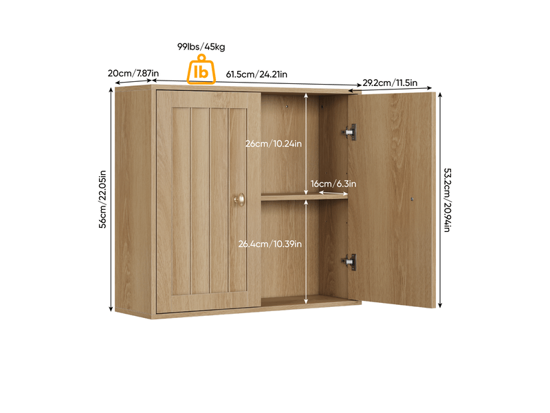  Armoire murale de salle de bains 61,5x20x56 cm effet chêne avec 2 portes  - Conforama C
