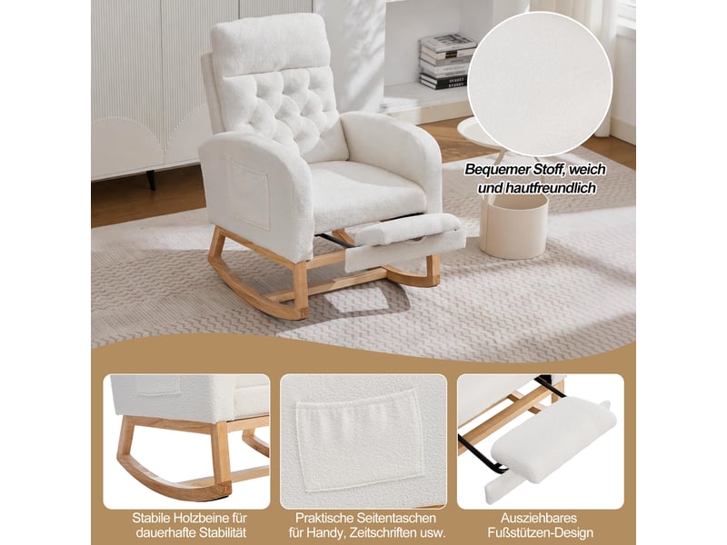 Fauteuil à bascule blanc 65,6 × 123 × 102 cm, tissu bouclette et bois, repose-pieds réglable, poches latérales - Conforama C