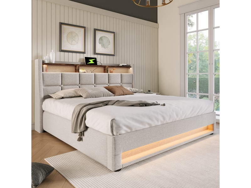 Lit coffre hydraulique 140x200 cm avec led et usb, lit double rembourré avec tête de lit à étagère, sommier à lattes, lin - beige clair - Conforama B