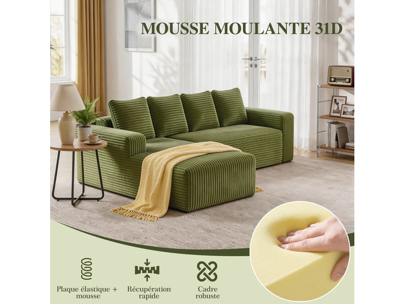  Canapé d'angle modulable tcqpz 4 places 261 x 171 x 58 cm méridienne réversible sans montage velours côtelé vert  - Conforama D