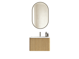 Ensemble meuble salle de bains suspendu 61 cm bois clair, vasque et miroir led antibuée réglable, 1 tiroir