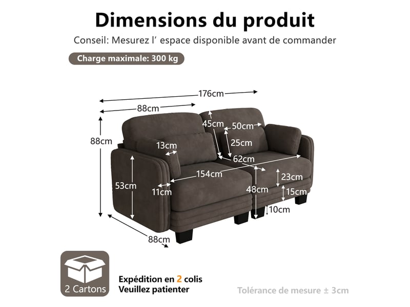  Canapé droit modulable 176 cm 2 places, coussins d'accoudoirs amovibles et coussins lombaires épais à soutien, chenille, ressorts ensachés, brun café  - Conforama D
