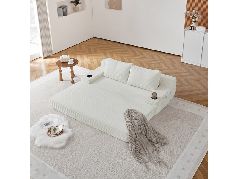  Canapé droit 2-en-1 en tissu côtelé, 2 coussins déco, porte-boissons et poches, 62x180x85 cm, beige  - Conforama D