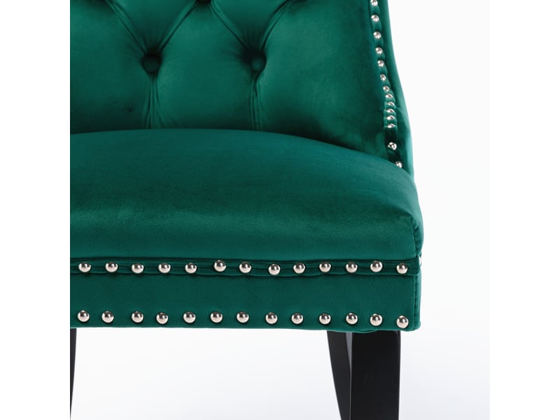Chaises de salle à manger 2 pièces – bois massif, velours vert luxe avec têtes de clou et piètement bois, design moderne - Conforama E