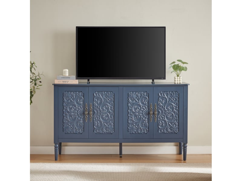  Buffet et enfilade avec 4 portes à relief, poignées en métal et angles arrondis pour salle à manger bleu marine  - Conforama E