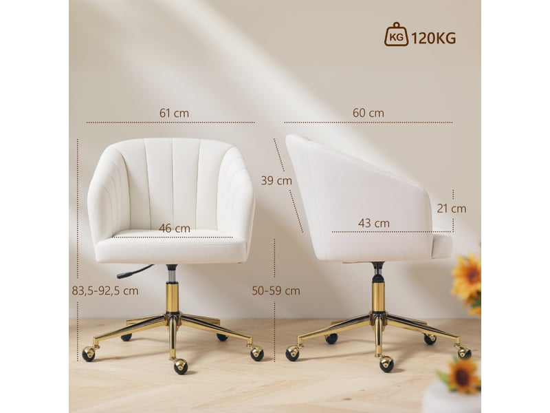 Chaise de bureau,61x60x83,5-92,5 cm,réglable à roulettes,polyester,crème  - Conforama C