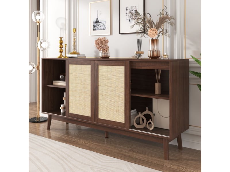  Buffet en rotin 3 portes coulissantes et 2 tiroirs, meuble de rangement bois foncé 155 cm pour salon  - Conforama E