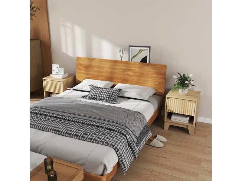  Lot de 2 tables de chevet étroite, table d'appoint compartiment ouvert 1 tiroir, panneaux cannelés 43x40x55cm naturel  - Conforama D