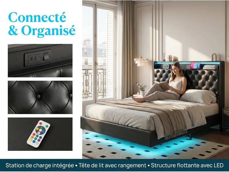  Lit 2 places 140x200 cm en cuir pu noir avec led, usb et rangement hydraulique – sommier suspendu  - Conforama E