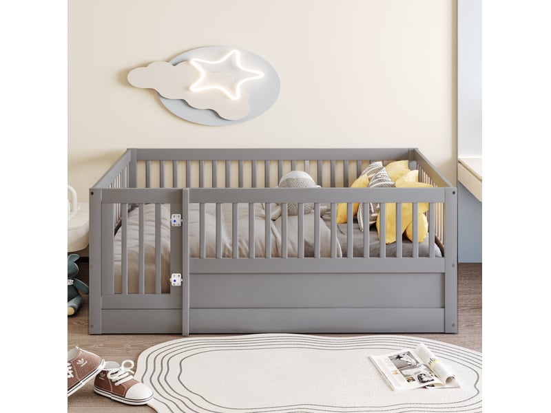  Lit enfant 140x200 cm avec structure en bois massif et barrière grise avec porte 4071298089769 - Conforama C