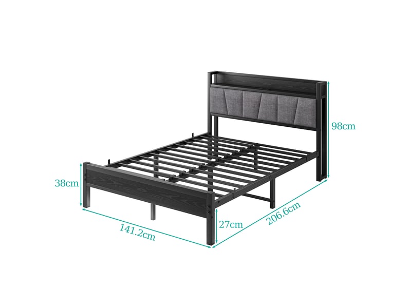  Lit double 140×190 cm avec rangement en tête de lit, éclairage led, prise et usb - okmyhome- noir, sans matelas  - Conforama D
