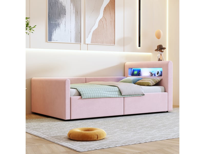  Lit rembourré pour enfant 90x200 cm, velours rose, éclairage led, port usb, rangement  - Conforama C