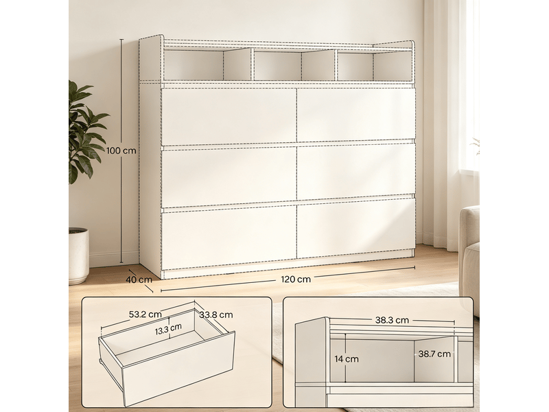  Commode noire 120 x 40 x 100 cm avec 6 tiroirs et 3 niches ouvertes, rangement  - Conforama D