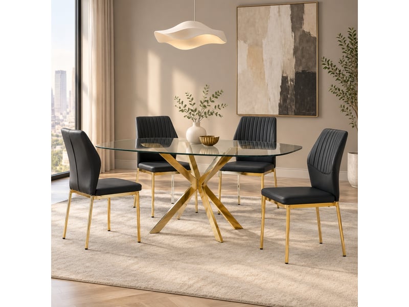  Lot de 4 chaises de salle à manger 43x42,6x93 cm, style luxe léger, dossier rainuré, hydrofuge, pu, noir et doré  - Conforama B