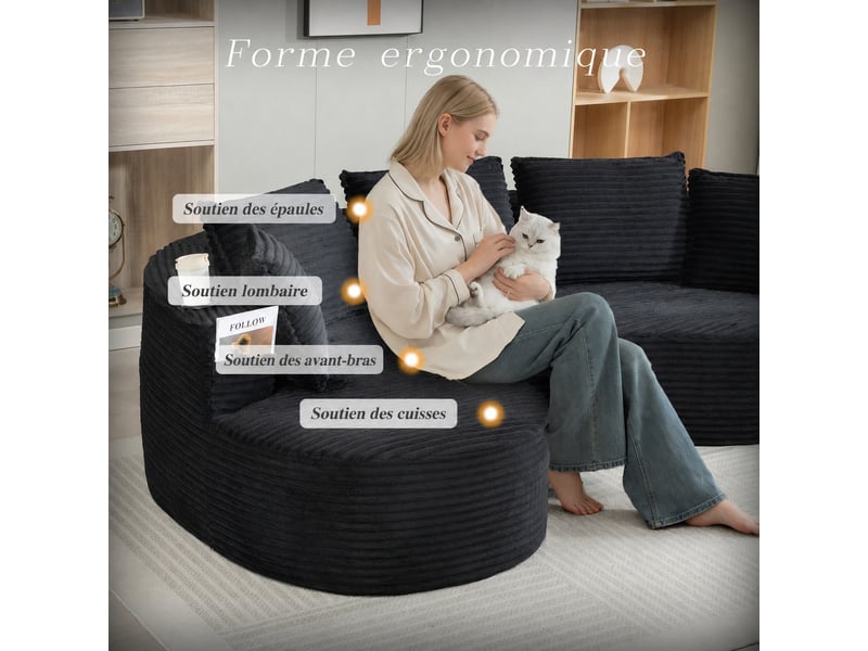  Canapé arrondi en velours côtelé avec deux porte-gobelets intégrés, 5 places, noir  - Conforama B