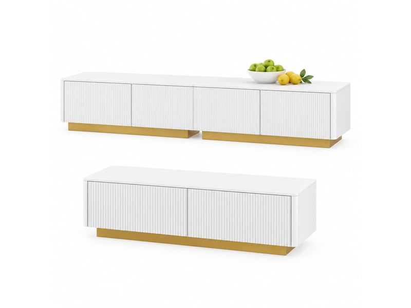  Ensemble meuble tv et table basse 2 pièces, façades rainurées, rangement, blanc et doré  - Conforama A