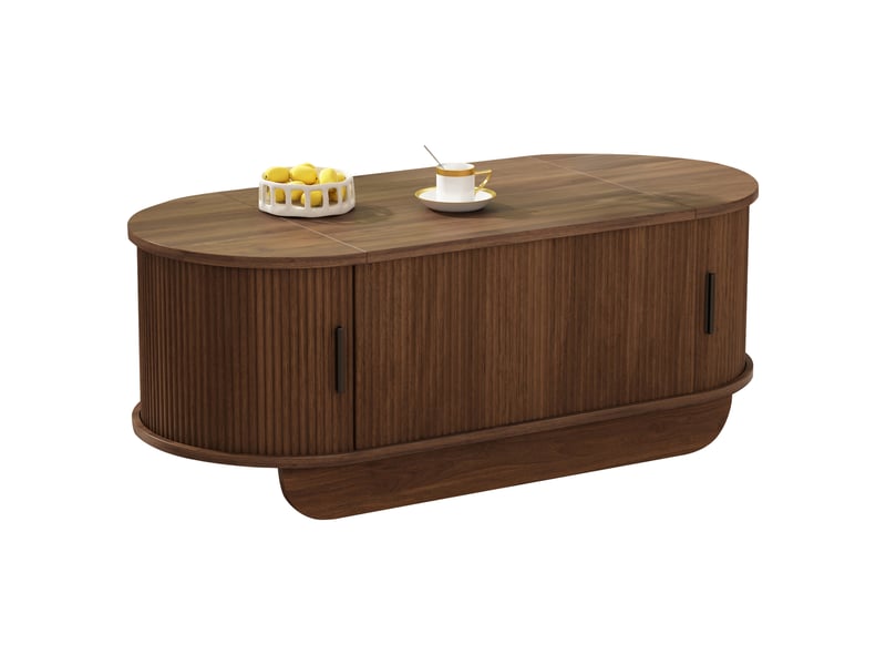  Table basse à bords arrondis 100 x 50 x 42 cm avec rangements, plateau central relevable, coffre intégré, 2 portes à rideau, mdf, décor noyer Luxe haut de gamme - Conforama A