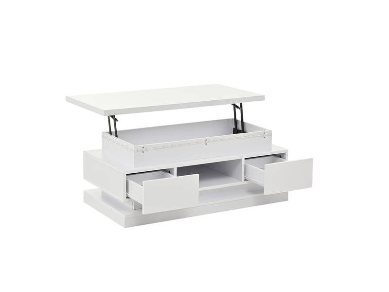  Table basse relevable blanche avec deux tiroirs, rangement caché et éclairage led, 100 x 50 cm  - Conforama A