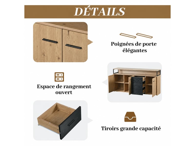  Buffet industriel 3 portes et 3 tiroirs 150x35x75.9 cm noir et bois  - Conforama E
