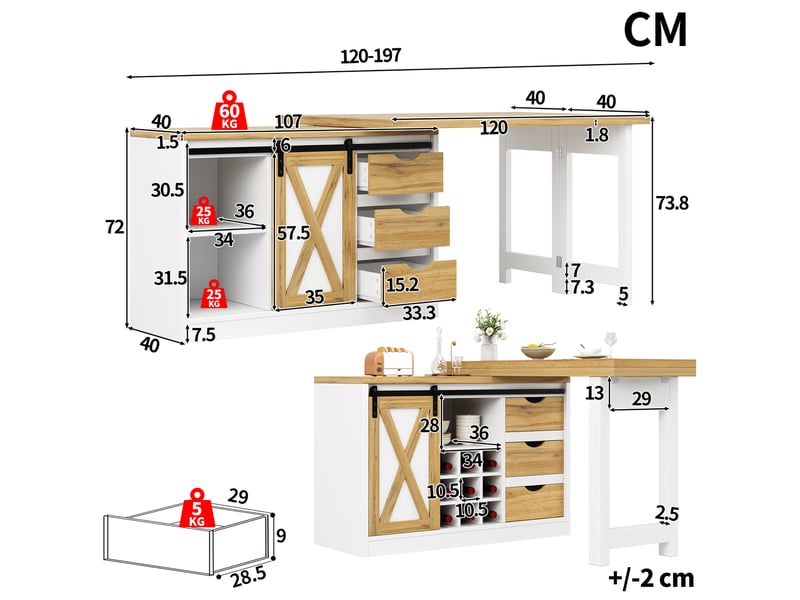  Îlot de cuisine extensible 120-197x40x72 cm blanc décor chêne avec 3 tiroirs  - Conforama C