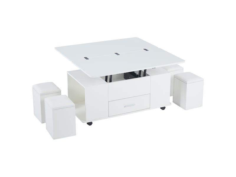  Table basse réglable en hauteur, table d'appoint mobile, table basse multifonctionnelle 4 en 1 transformable en table de salonsalle à manger, table basse avec tiroirs, avec 4 tabourets, blanche  - Conforama E