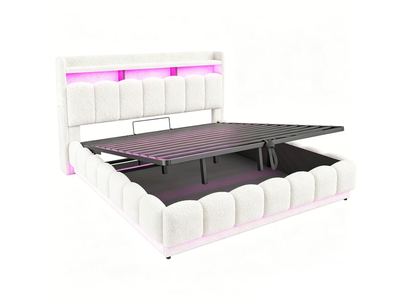 Lit double 180x200 cm en tissu bouclette blanc avec rangement hydraulique, led et usb - Conforama D
