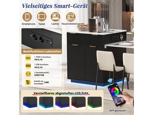 Îlot de cuisine mobile noir, table extensible, led, prises, tiroirs, étagères