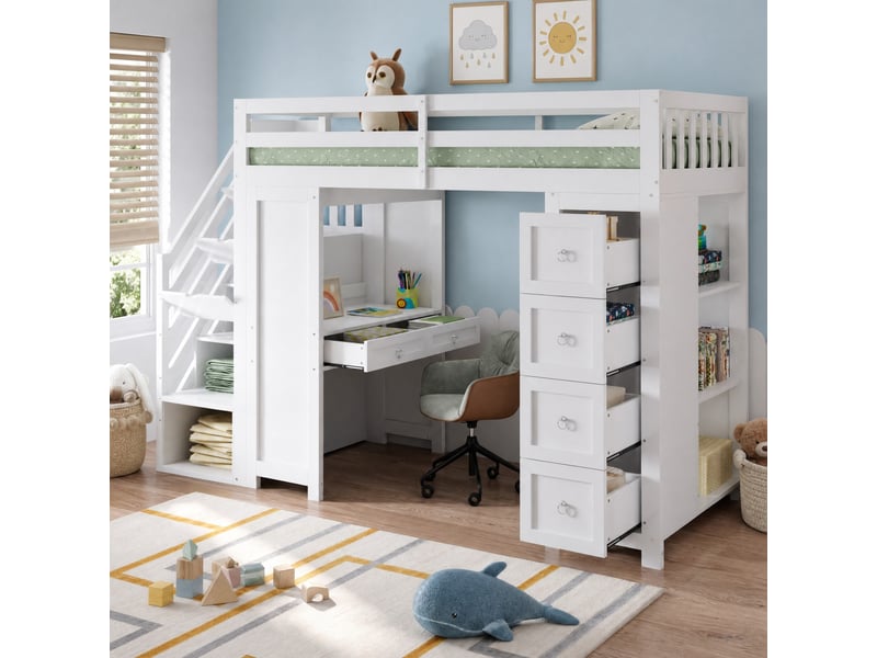 Lit mezzanine enfant multifonctionnel avec bureau intégré et rangements, blanc, 90 x 200 cm - Conforama C