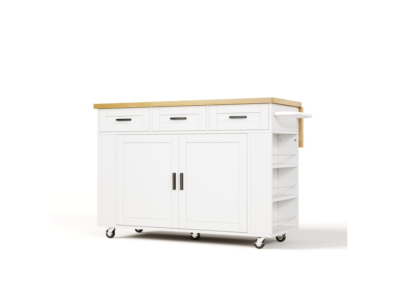  Îlot de cuisine 120 cm, plateau rabattable, 3 tiroirs, rangements coulissants, prises usb, roulettes, blanc et bois  - Conforama A