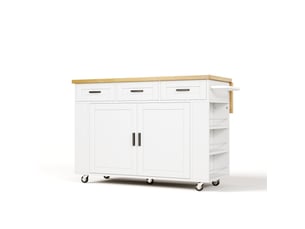 Îlot de cuisine 120 cm, plateau rabattable, 3 tiroirs, rangements coulissants, prises usb, roulettes, blanc et bois
