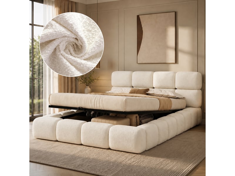  Lit coffre 180x200 cm, lit double, design nuage, coffre hydraulique, sommier à lattes, tête rembourrée, bouclé blanc  - Conforama B