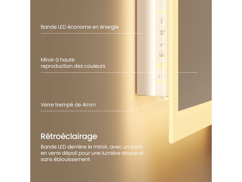 Emke miroir de salle de bain led 50 x 70 cm, miroir led rectangulaire, éclairage 3000 k - Conforama C