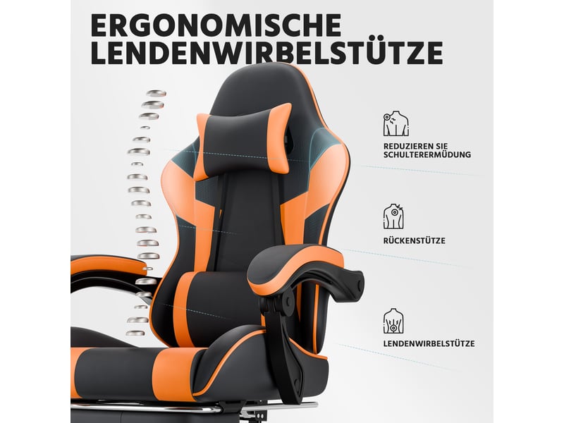  Chaise gaming ergonomique en similicuir noir et orange, avec soutien lombaire, dossier et hauteur réglables, fauteuil de bureau confortable  - Conforama W