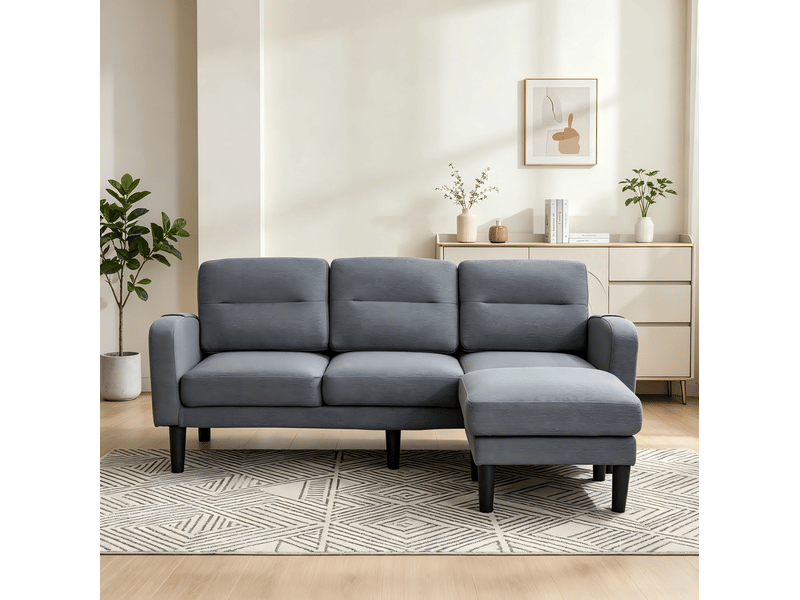 Canapé d'angle réversible 3 places en tissu gris avec méridienne, poches latérales et coussins amovibles - Conforama B