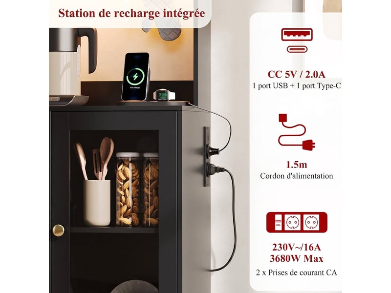  Armoire de cuisine avec éclairage led et prises électriques, vitrine noire pour salle à manger, 120x40x170 cm  - Conforama D
