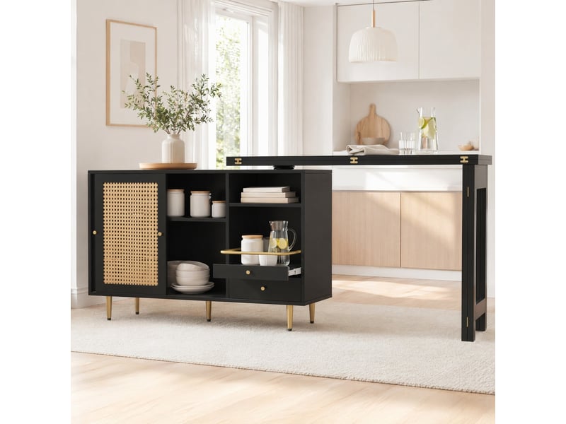  Table de bar pivotante 360° avec plateau extensible et rangement - lpospi - portes en rotin, mdf noir  - Conforama C