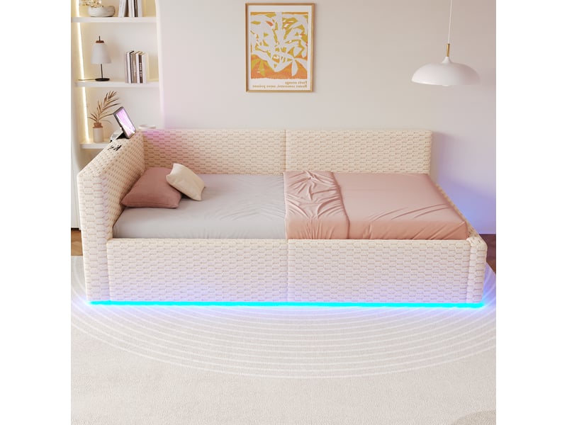  Lit capitonné 90 x 200 cm beige, led, usb type-c, relevage hydraulique, sans matelas.  - Conforama C