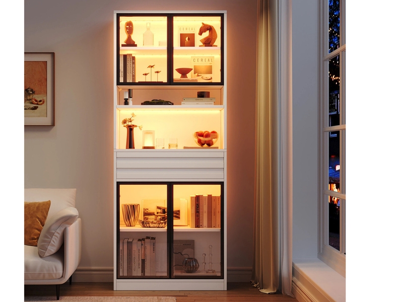  Vitrine avec 4 portes vitrées, d'un tiroir et d'un éclairage led rvb contrôlable via une application ,80 x 35 x 200 cm, blanc  - Conforama B